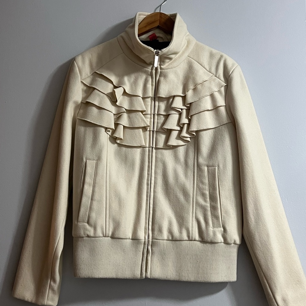 Steve Madden Cream Ruffle Bomber Jacket